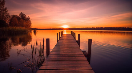 Sunset scene of a dock leading towards glassy lake - Generative AI