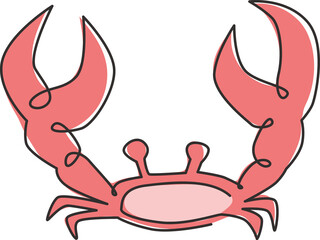 One continuous line drawing of cute crab with big claw for seafood logo identity. Adorable sea animal concept for restaurant icon. Trendy single line draw design graphic vector illustration