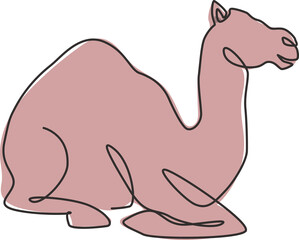 Single continuous line drawing of strong desert Arabic camel sitting for logo identity. Cute dromedary animal concept for national zoo icon. Dynamic one line draw design graphic vector illustration