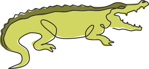 One continuous line drawing of wild crocodile with mouth opened for logo identity. Scary animal alligator concept for national park icon. Trendy single line draw design graphic vector illustration - obrazy, fototapety, plakaty
