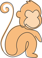 One continuous line drawing of cute sitting monkey for conservation jungle logo identity. Adorable primate animal mascot concept for national park icon. Single line draw design vector illustration