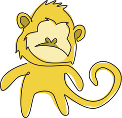 Single continuous line drawing of cute walking monkey for national zoo logo identity. Adorable primate animal mascot concept for circus show icon. One line draw design graphic vector illustration