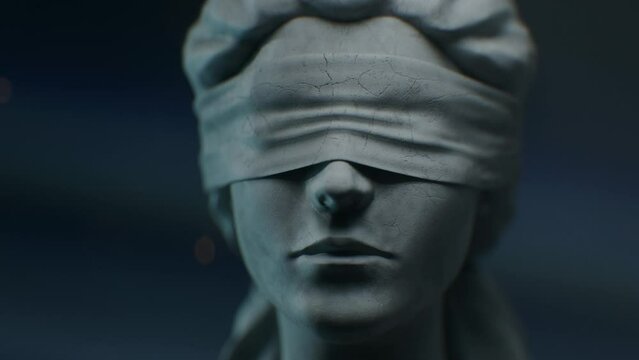 A Opening Sequence for Court Show Mock-up. Cinematic and Atmospheric Close-up Shot of Lady Justice Sculpture Face. The Statue is Blindfolded and Holding Scales and Sword.
