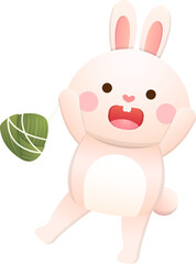 Cute rabbit and Chinese Dragon Boat Festival traditional food Zongzi, glutinous rice food wrapped in bamboo leaves