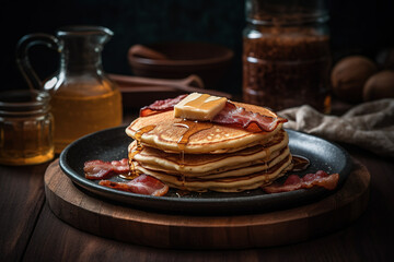 A stack of golden, fluffy pancakes, drizzled with maple syrup and topped with a pat of butter, served on a rustic, wooden plate with crispy bacon. Generative AI. - obrazy, fototapety, plakaty