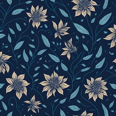 Seamless pattern with flowers on a dark blue background created by generative ai