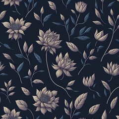 Fototapeta premium Seamless pattern with flowers on a dark blue background created by generative ai