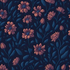 Seamless pattern with flowers on a dark blue background created by generative ai