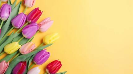 Spring flowers bouquet of tulips on a yellow background top view in flat lay style. Greeting for Womens or Mothers Day or Spring Sale Banner. Generative AI