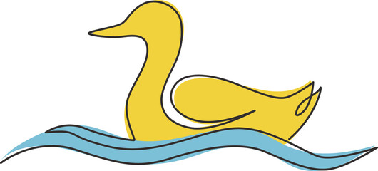 Single continuous line drawing of adorable white duck for company business logo identity. Little cute swan mascot concept for public park. Dynamic one line draw vector design graphic illustration