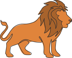 One continuous line drawing of king of the jungle, lion for company logo identity. Strong feline mammal animal mascot concept for national safari zoo. Single line draw design illustration vector