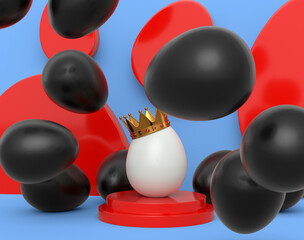Unique white egg in royal gold crown on podium and scattered black eggs