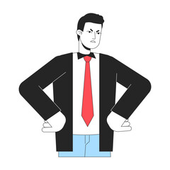 Frowning boss with hands on hips linear flat color vector character. Editable figure. Full body person on white. Thin line cartoon style spot illustration for web graphic design and animation