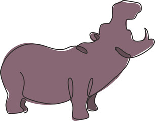 One continuous line drawing of big cute hippopotamus for company logo identity. Huge wild hippo animal mascot concept for national safari zoo. Single line draw graphic vector design illustration