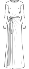 women long sleeve crew neck belted waist long maxi dress with side slit open fashion flat sketch vector illustration technical cad drawing template