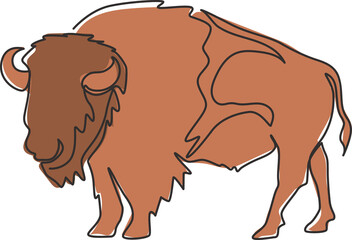 One continuous line drawing of strong north american bison for conservation forest logo identity. Big bull mascot concept for national park. Dynamic one line draw design illustration vector graphic