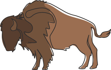 One continuous line drawing of strong north american bison for conservation forest logo identity. Big bull mascot concept for national park. Modern one line draw vector graphic design illustration