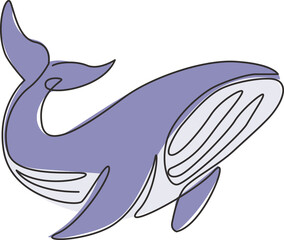 Single continuous line drawing of big whale for marine company logo identity. Big fish mammal animal mascot concept for business logotype. Modern one line draw design illustration vector graphic © Simple Line