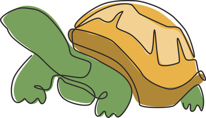 One single line drawing of big land tortoise for social company logo identity. Adorable creature reptile animal mascot concept for conservation foundation. Continuous line draw design illustration