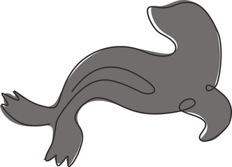 One single line drawing of adorable sea lion for aquatic park logo identity. Cute creature mammal animal mascot concept for circus show. Trendy continuous line draw design vector graphic illustration