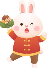 Cute rabbit and Chinese Dragon Boat Festival traditional food Zongzi, glutinous rice food wrapped in bamboo leaves