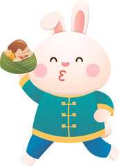Cute rabbit and Chinese Dragon Boat Festival traditional food Zongzi, glutinous rice food wrapped in bamboo leaves