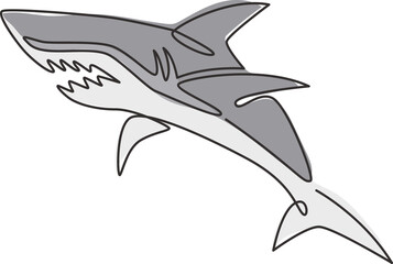 Single continuous line drawing of aggressive shark for nature adventure company logo identity. Wildlife sea fish animal concept for safe ocean organization mascot. One line draw design illustration