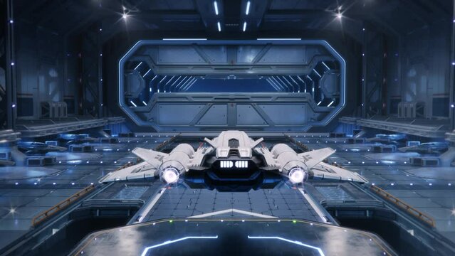 Mockup of a Space Exploration Computer or Mobile Game with a Interstellar Starship Flying out of a Starbase and Cruising through Space and Moving towards a Blue Planet