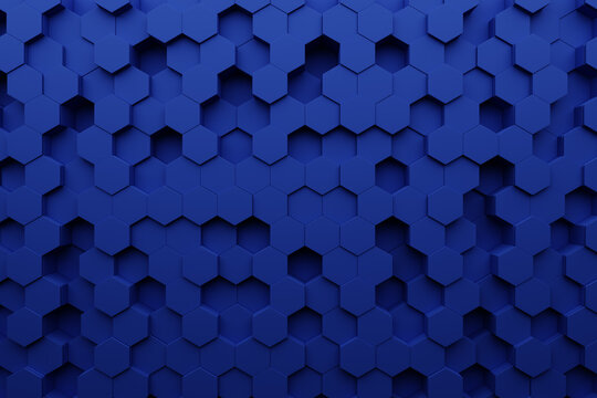 Futuristic Block Wall High Tech 3D Rendering of Blue Hexagons Tile Pattern.