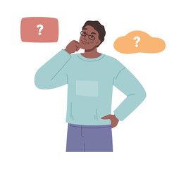 Selecting correct answer or option, isolated male character with bubble boxes and question mark. Choice or decision making process. Vector in flat cartoon illustration