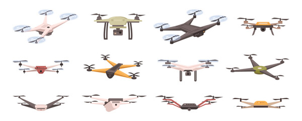 Drones collection, isolated assortment of unmanned aerial vehicles. Flying aircraft with camera and wings, civil usage. Vector in flat cartoon illustration