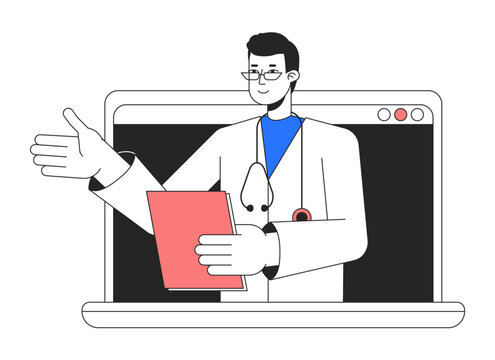 Online doctor visit on laptop flat line concept vector spot illustration. Telehealth provider 2D cartoon character on white for web UI design. Editable hero image for website landings, mobile headers