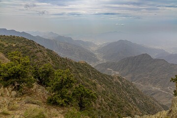 Fototapeta na wymiar Beautiful view of the valley in Sawda mountains, Abha, Asir, Saudi Arabia