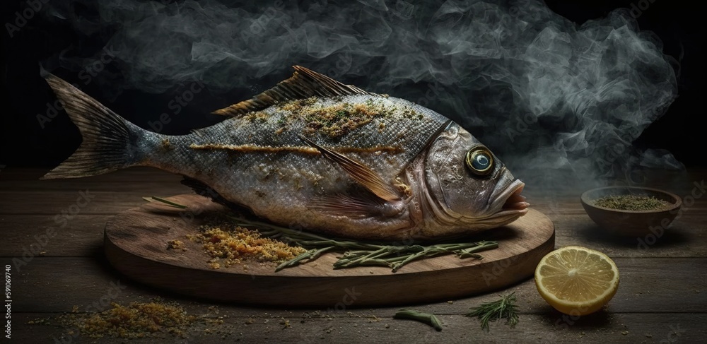 Wall mural Whole fish that has been smoked, then grilled with herbs and citrus. Generative AI