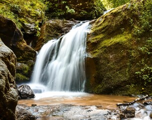 Scenic shot of a waterfall streaming down in the forest