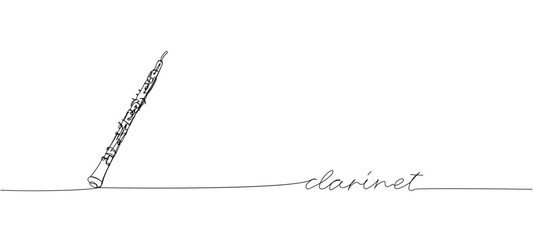 Clarinet one line art. Continuous line drawing of wind, symphony, retro, clarinet, bass, oboe, sax, music, flute, jazz, orchestra, horn with an inscription, lettering, handwritten. - obrazy, fototapety, plakaty