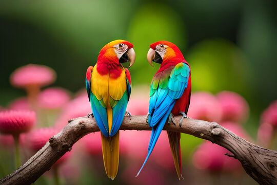 Moment of tenderness between a pair of birds, Macaw parrot bird in tropical forest Generative AI
