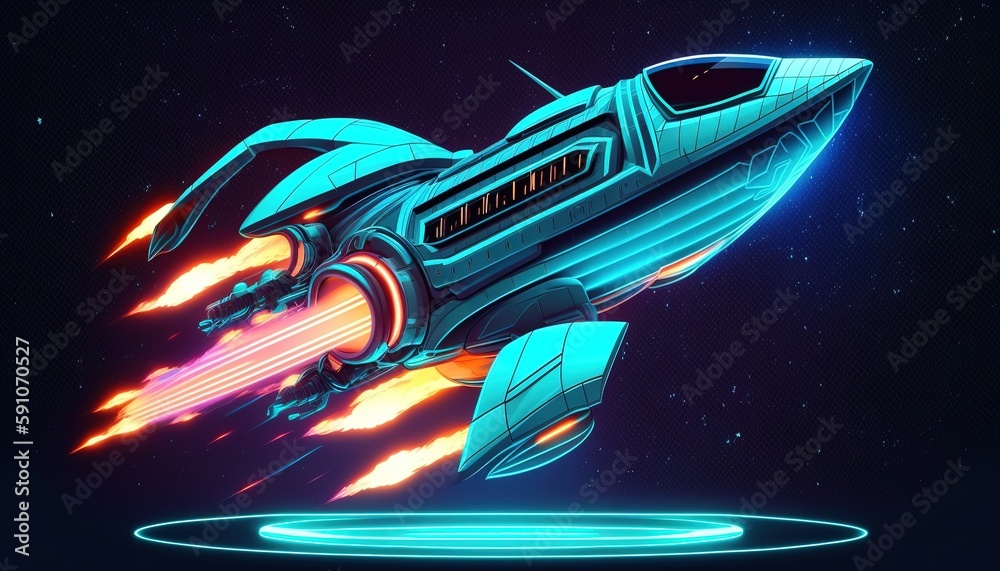 Wall mural electronic depiction of a spaceship rocket with a neon light on a blue backdrop. generative ai