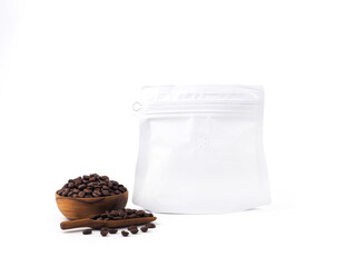 Foil plastic paper bag packaging with vacuum-sealed, zipper and wooden bowl, scoop for roasted coffee beans template isolated on a white background. Package mock-up for coffee or dry seeds product..