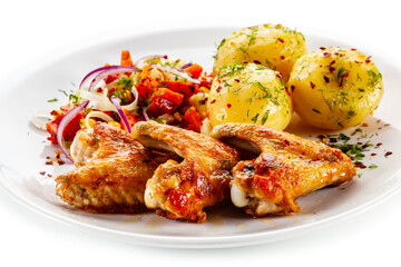 Barbecued chicken wings with boiled potatoes and tomato salad on white background