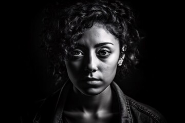 A dramatic and moody black and white portrait of a person with striking features, expressing emotion and personality. Generative Ai. Woman in stressful situation