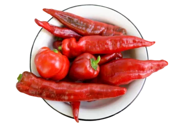 Küchenrückwand glas motiv Scharfe Chili-pfeffer Red bell pepper, hot chili pepper, bell pepper, ratunda in a bowl. Large amount of red pepper in a pile in PNG isolated on transparent background