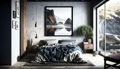 Modern bedroom interior and frame hanging over the bed for house advertising and background Generative AI