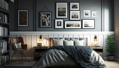Modern bedroom interior and frame hanging over the bed for house advertising and background Generative AI