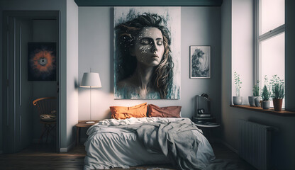 Modern bedroom interior and frame hanging over the bed for house advertising and background Generative AI