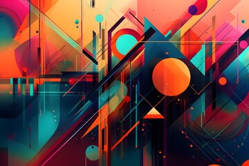 Abstract and colorful composition of geometric shapes in a dynamic and visually striking way. Colors should be bold and bright, with a futuristic and vibrant feel. Generative Ai.