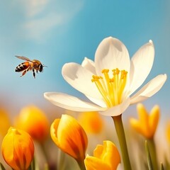 Bee goes for pollen search. Small with going for big flower. Created using generative AI.