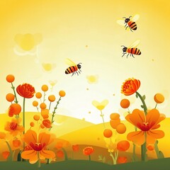 Background with bees flying around, Bright sunrise background. Created using generative AI.