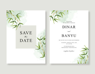Minimalistic wedding invitation with watercolor leaves