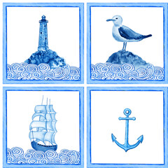 Mediterranean style watercolor tiles. Portuguese azulejo painted by hand. A set of Italian majolica in a marine style.